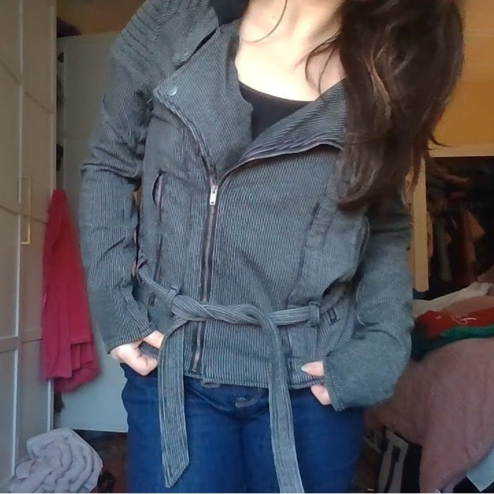 Free People Jacket Gray Striped Asymmetric Zip Hoodie